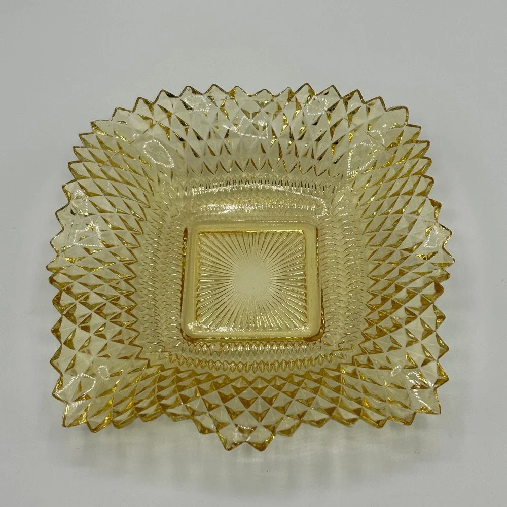 Vintage Mid Century Yellow Diamond Point Square Pressed Glass Candy Trinket Dish